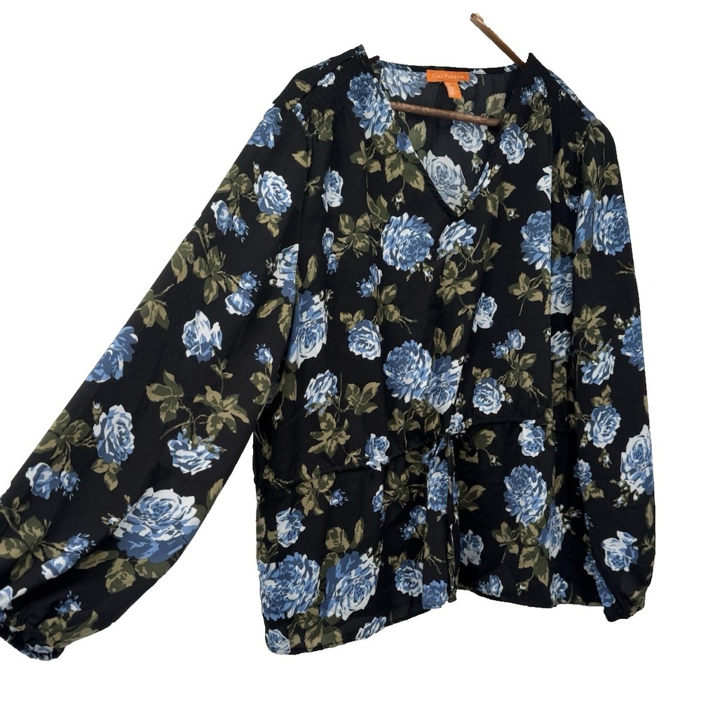 Gigi Parker 2X blue black‎ floral balloon sleeve Tie Front V-neck popover fairy